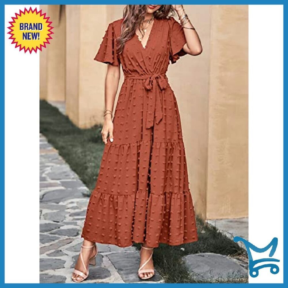Swiss Dot Maxi Dress Wrap V Neck Flutter Sleeve Boho Wedding Guest - Picture 7 of 8